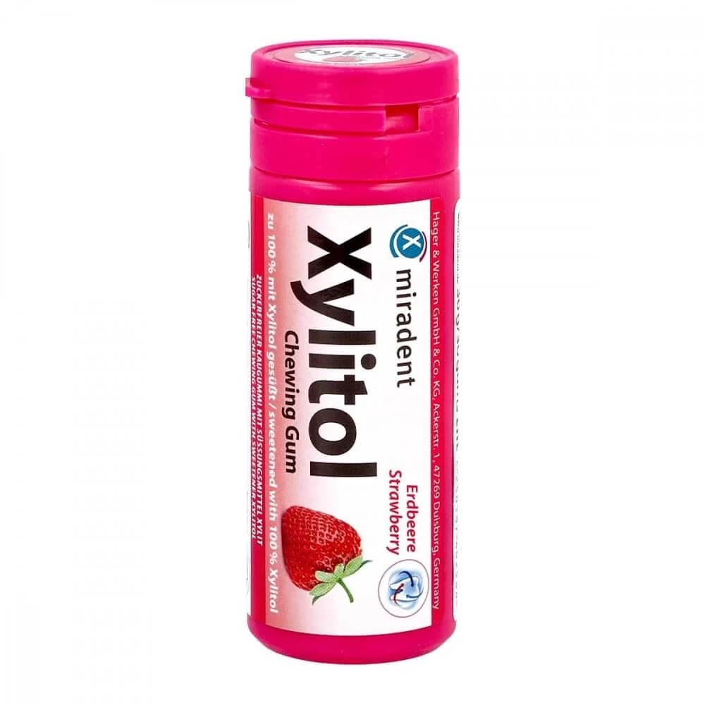 Miradent Xylitol, Xylitol-Kaugummi für Kinder, Erdbeergeschmack, 30 Stück