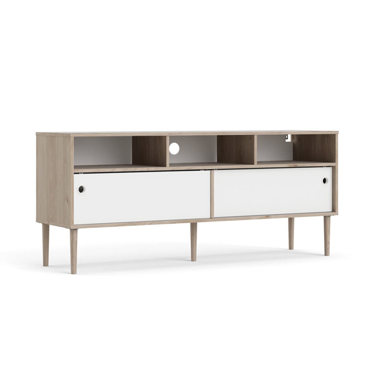 Penny TV Tisch 2 Schiebetüren und 3 Fächer Hickory-Dekor und Mattweiß.