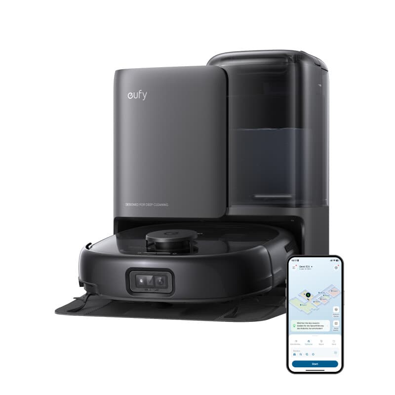 Eufy Omni E25 HydroJet Roboter-Staubsauger mit Wischfunktion, 20.000 Pa Turbo-Saugkraft, DuroSpiral Entwirrungsbürsten, CornerRover-Arm für Ecken,
