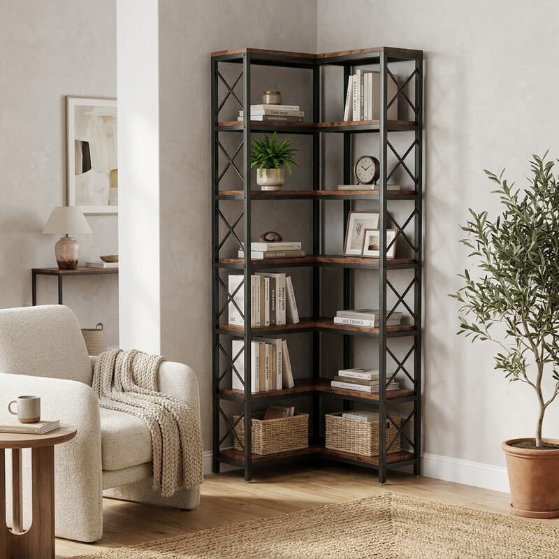 Eck-Bücherregal, hohes Bücherregal, industrielles großes Eckregal, freistehendes Eckregal, Aufbewahrungsregal mit Metallrahmen für Wohnzimmer,