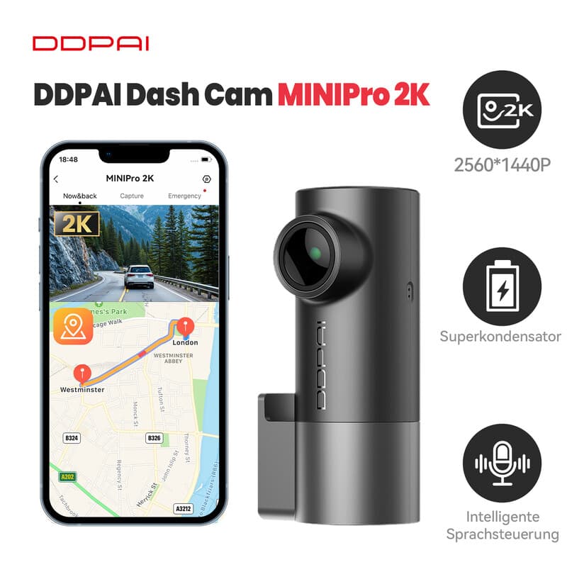 DDPAI MINI Pro Dashcam-DVR, 1440p-Auflösung, WLAN, 121° Sichtfeld, Nachtsicht, intelligente Sprachsteuerung, unterstützt