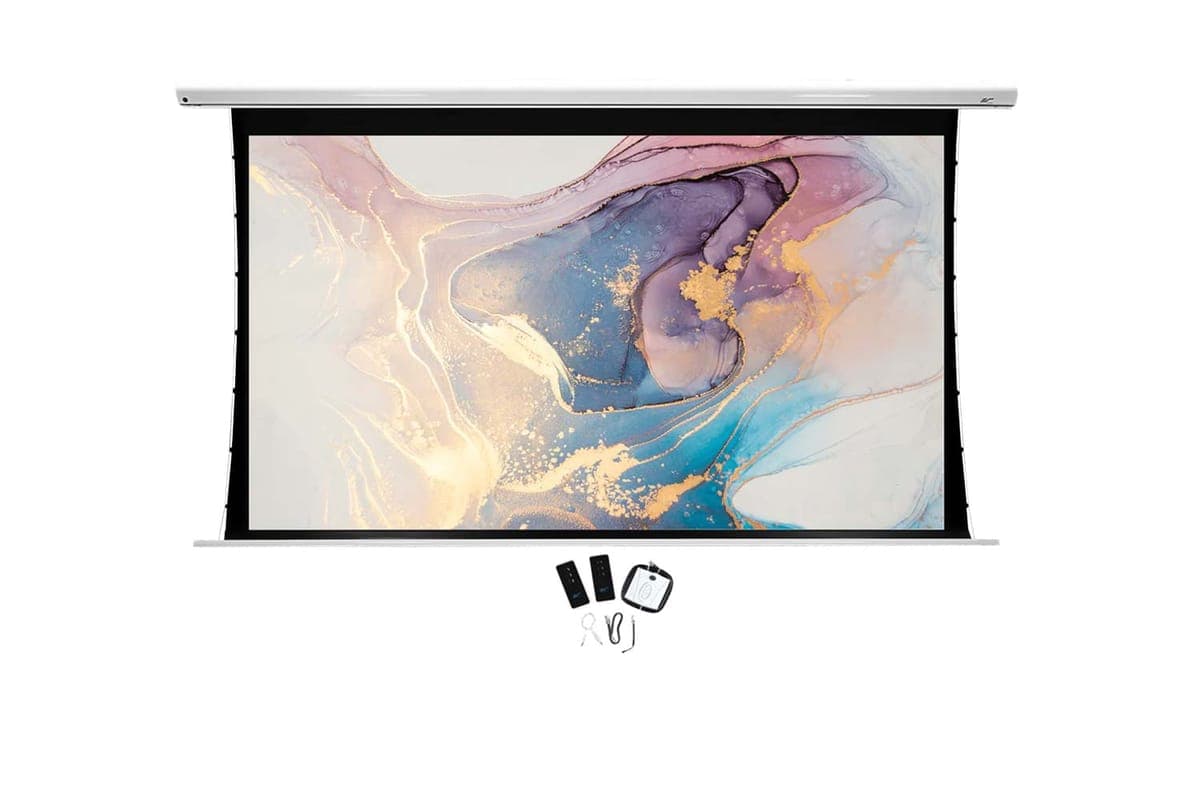Motorleinwand Elite Screens Saker Tab Tension - MaxWhite - 221,5 x 124,5 16:9 Vorlauf 60 cm
