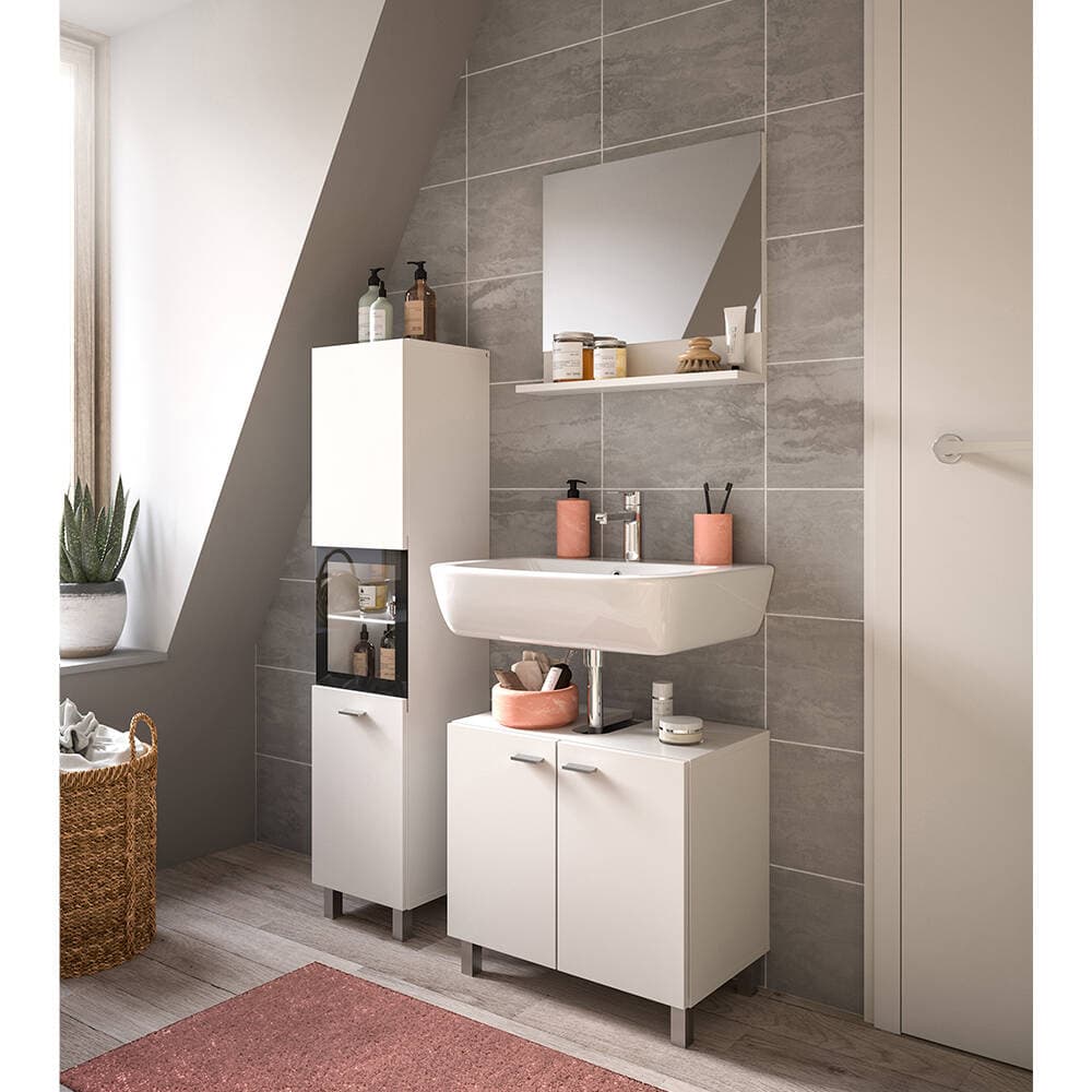 Badmöbel-Set 3-teilig mit Midischrank, Spiegel und Waschbeckenunterschrank in weiß - BAJO-158