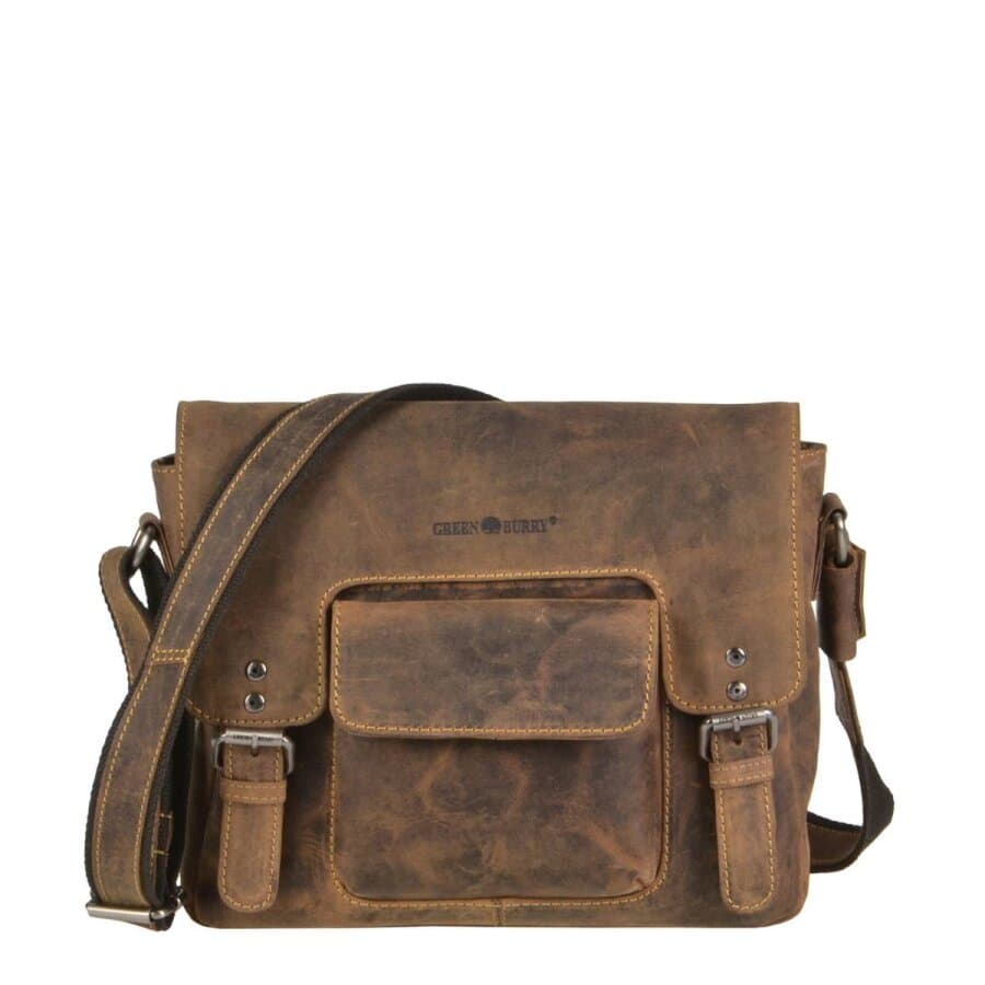 Umhängetasche A5 Tablet-Format Leder antikbraun 30x25cm | Greenburry Vintage Serie Organizer Tasche Damen Herren Umhängetasche Leder Schultertasche