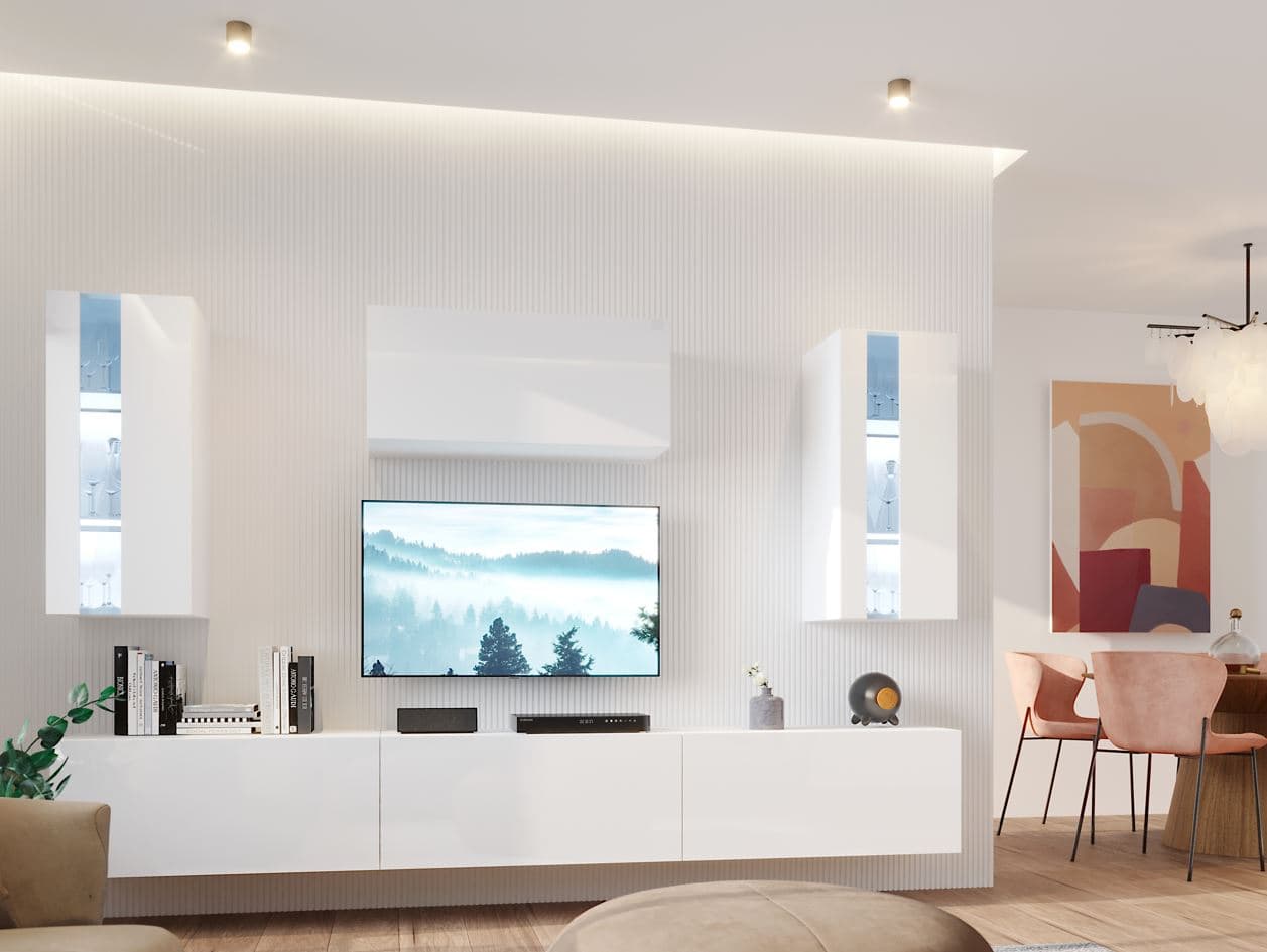 Moderne Wohnzimmerwand BRADT 66 – weiß / weiß glänzend